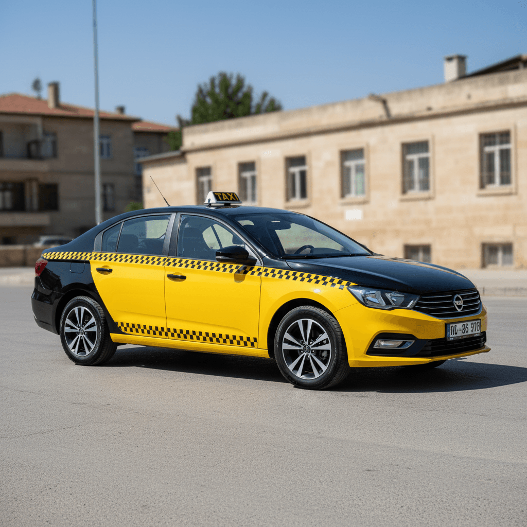 Taksi tam görünüm, yan profil, temiz ve profesyonel dış görünüş