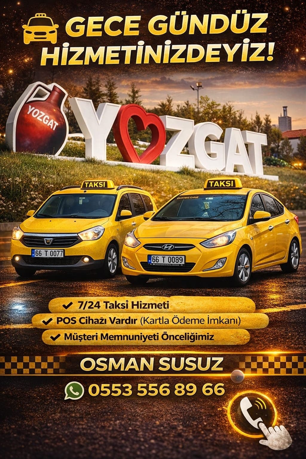 Two yellow taxis parked before a Yozgat sign for a 24/7 taxi service advertisement.